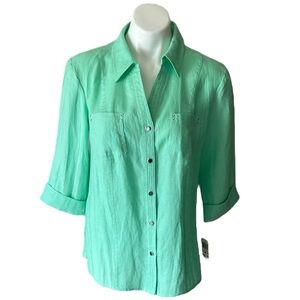 JM Collection Women’s Pastel Mint 100% Linen Button Down Shirt Size 10